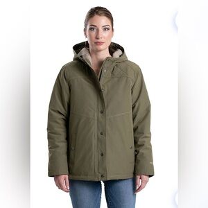 Berne Women's Micro-Duck Hooded Coat in burnt olive.